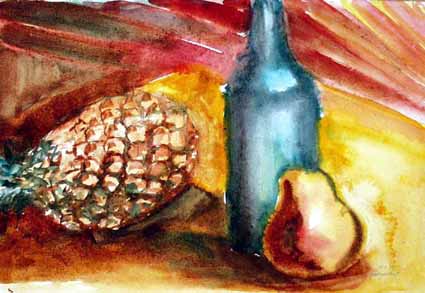 Heinz Sterzenbach - Weinflasche mit Ananas und Birne