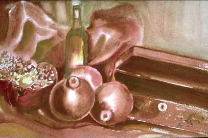 Heinz Sterzenbach - Weinflasche mit Granat�pfel und kleiner Truhe