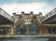 S-Bhf. Friedrichshagen, Radierung, aquarelliert, 24x32 cm, 2006 S-Bhf. Friedrichshagen, Radierung, aquarelliert, 24x32 cm, 2006