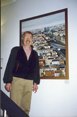 Finissage der Ausstellung "Berliner Stadtansichten, Radierungen, Aquarelle und Oelbilder" in der IKB Deutsche Industriebank AG am 21.1.1997. Der Knstler vor seinem Bild "Berlin-Panorma Steglitz". 