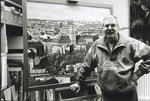 Atelier und Galerie Alt-Heiligensee am 15.3.1996. Der Knstler vor seinem Bild "Berlin-Panorama Schneberg". Foto: Bernd Whner, Pressefotograf
