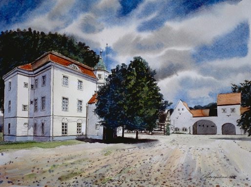 1542-43 von Caspar Theiß als Jagdschloss für Kurfürst Joachim II. 1593 Erker an der Wasserseite von Rochus Guerrini Graf zu Linar. 