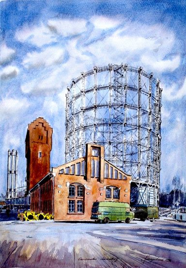 Das Gasometer steht auf dem GASAG-Gelände. Es steht unter Denkmalschutz. 