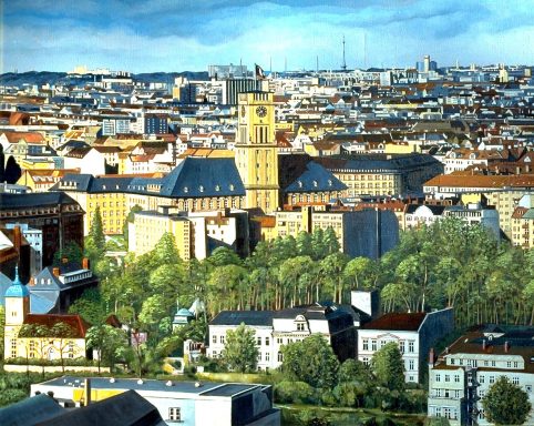 Blick vom Gasometer Schöneberg. Im Vordergrund: Rathaus Schöneberg, Dorfkirche Schöneberg, 
