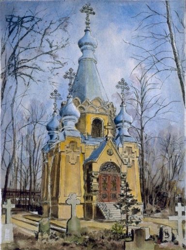 Im Mittelpunkt steht eine der Basiliuskathedrale in Moskau nachgebildete Kapelle mit leuchtend blauen Zwiebeltürmen 