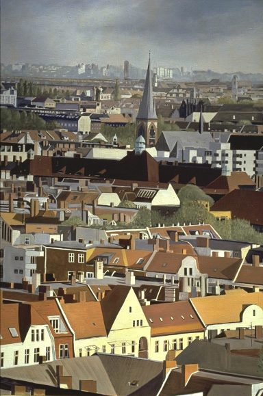 Blick vom Sen.f. Bau- u. Wohnungswesen. Im Hintergrund in der Mitte: Auenkirche. Nachfolgebau der abgerissenen ehem. Wilmersdorfer Dorfk.