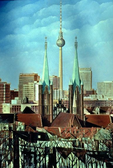 Blick vom Kreuzberg in Richtung Mitte. Im Vordergrund: St. Bonifaziuskirche.  Dahinter das Rathaus Kreuzberg. 